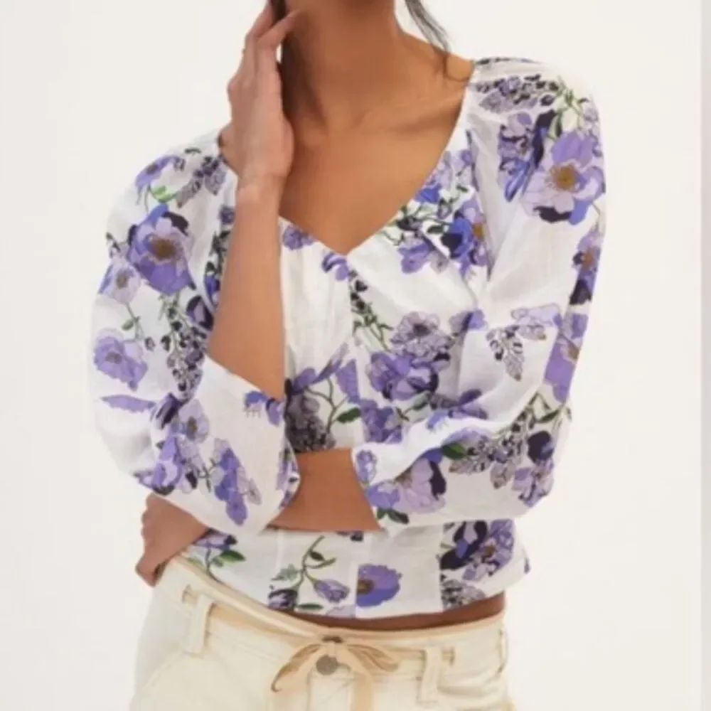 Anthropologie Purple White Floral Ruched Balloon Sleeve Top Cotton Knit Boho M
